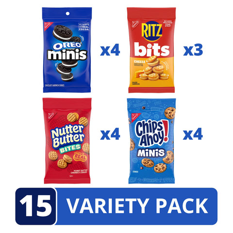 OREO Mini Cookies, CHIPS AHOY! Mini Cookies, Nutter Butter Bites & RITZ Bits Cheese Crackers Variety Pack - 45oz/15ct